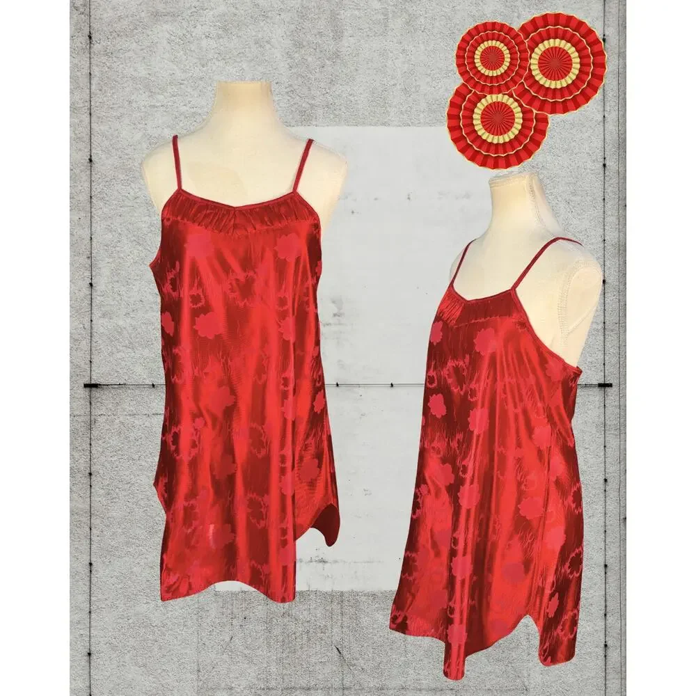 Vintage 80s Vandmere Asian Red Floral Weave Jacquard Cami Nightgown Robe Set M